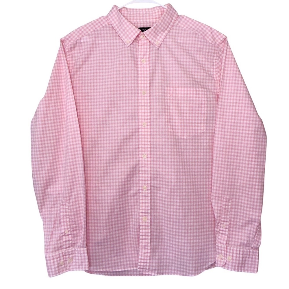Nautica Mens XL Pink White Gingham Check Stretch Long Sleeve Button Down Shirt